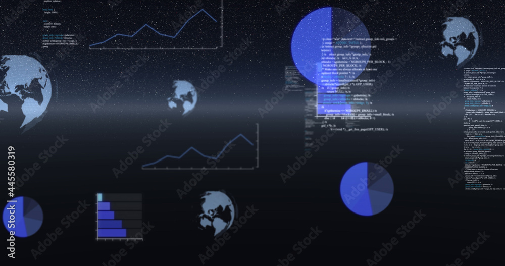 Obraz premium Image of data processing, globes spinning and statistics recording over universe
