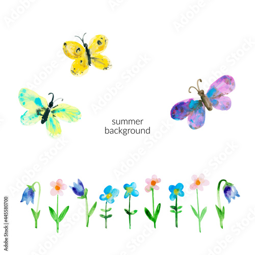 Set of colourful bright watercolor butterflies and flowers