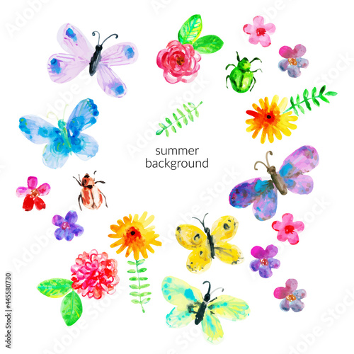 Watercolor background with colourful bright butterflies, bugs and flowers © katyabogina