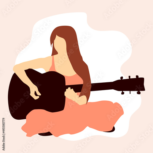 An illustration of a girl with long hair in a pink dress playing an acoustic guitar. Vector. Flat style.Hobby. Suitable for advertising music stores, printing on a T-shirt.