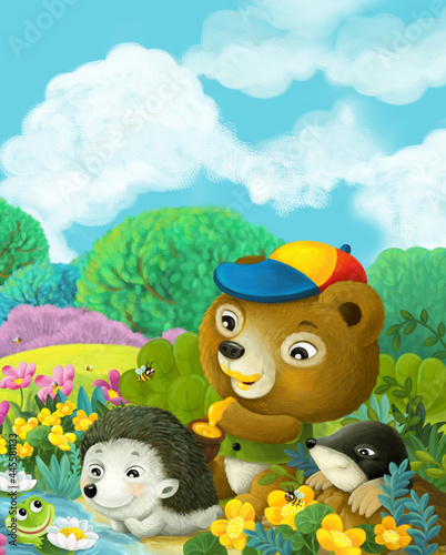 cartoon scene with bear eating honey near the stream with hedgehog - illustration for children