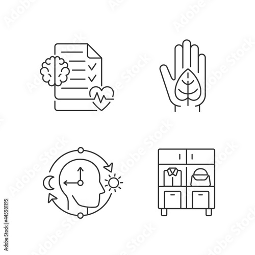 Positive progress in life linear icons set. Mental health awareness. Green lifestyle. Circadian rhythms. Customizable thin line contour symbols. Isolated vector outline illustrations. Editable stroke