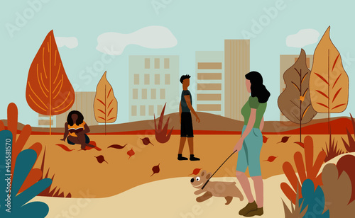  beautiful girl with a little dog in a park on 
background and Autumn Falling Leaves .