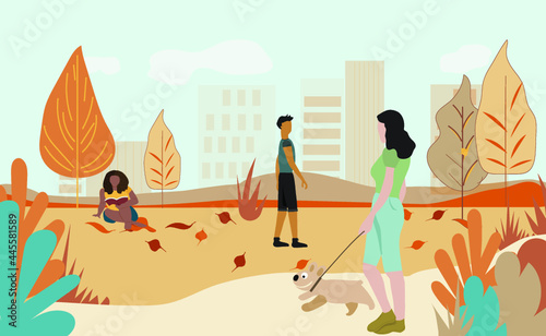  beautiful girl with a little dog in a park on 
background and Autumn Falling Leaves .