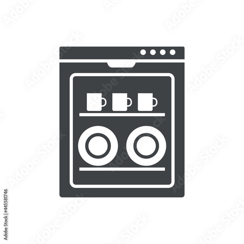 Black filled dishwasher vector icon isolated on white transparent background. Symbol of kitchen appliance.