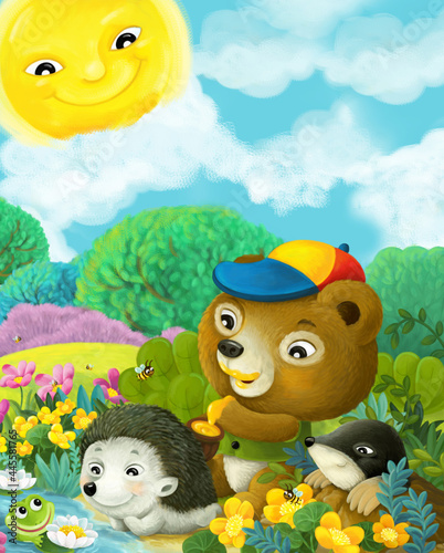 Fototapeta Naklejka Na Ścianę i Meble -  cartoon bear eating honey with hedgehog and mole