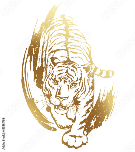 Crouching tiger hunting. Gold outline with brush strokes and grunge texture on a white background. The design element is isolated from the background.