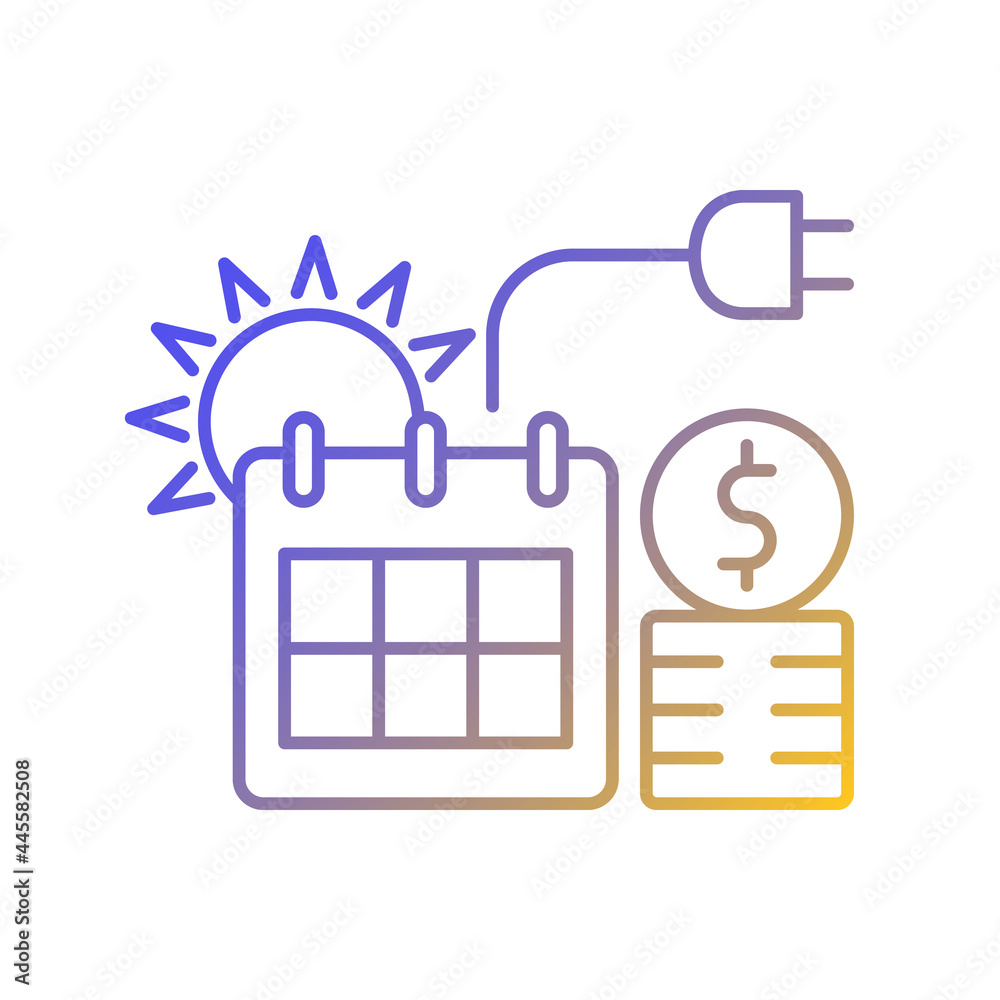 Energy pricing in summer gradient linear vector icon. Electricity cost in seasonal period. Energy purchase. Thin line color symbols. Modern style pictogram. Vector isolated outline drawing Energy pricing in summer gradient linear vector icon. Electricity cost in seasonal period. Energy purchase. Thin line color symbols. Modern style pictogram. Vector isolated outline drawing