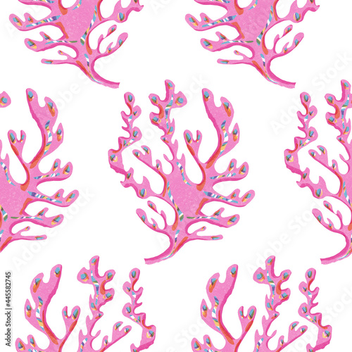  Whimsical tropical kelp riso print seamless pattern. Colorful cute underwater aquatic seaweed. Screen print effect. Playful cute summer beach illustration. High resolution botanical allover swatch