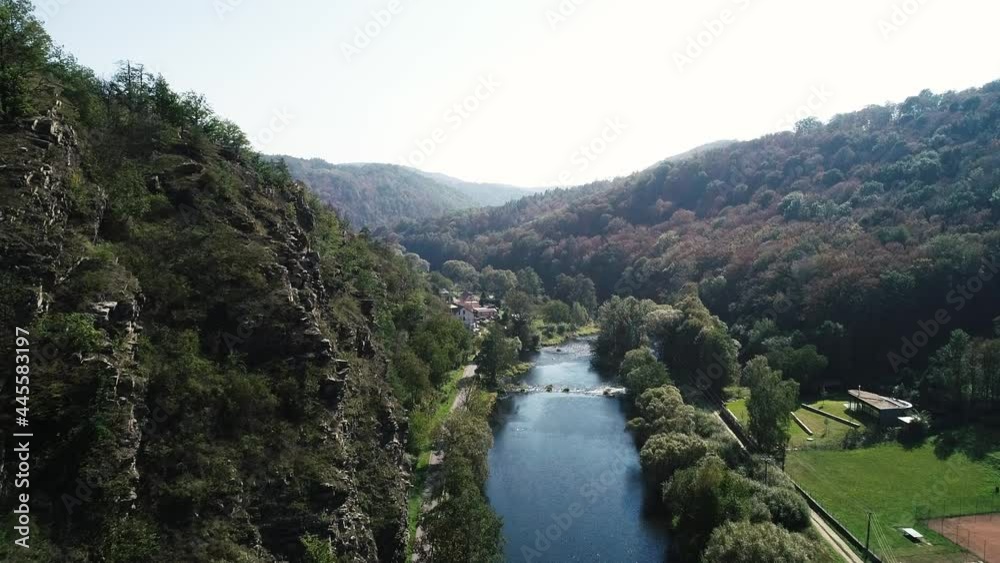 Aerial drone view on river close and forest close to Vranov Castle in Czech Republic. Historical Moravia with beautiful cityscape and nature from above Aerial drone view on river close and forest close to Vranov Castle in Czech Republic. Historical Moravia with beautiful cityscape and nature from above