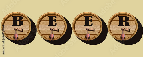 vector illustration with the image of wooden barrels and the inscription "beer" for printing on advertising banners, posters, shop windows, clothes, as well as for the design of taverns, beer bars and