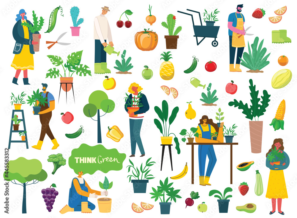 People summer gardening - set of vector flat hand drawn illustrations ...
