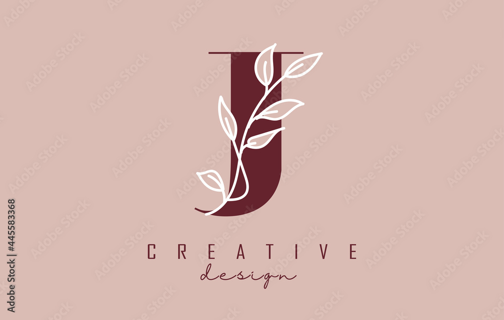 Red J letter logo design with white leaves branch vector illustration.