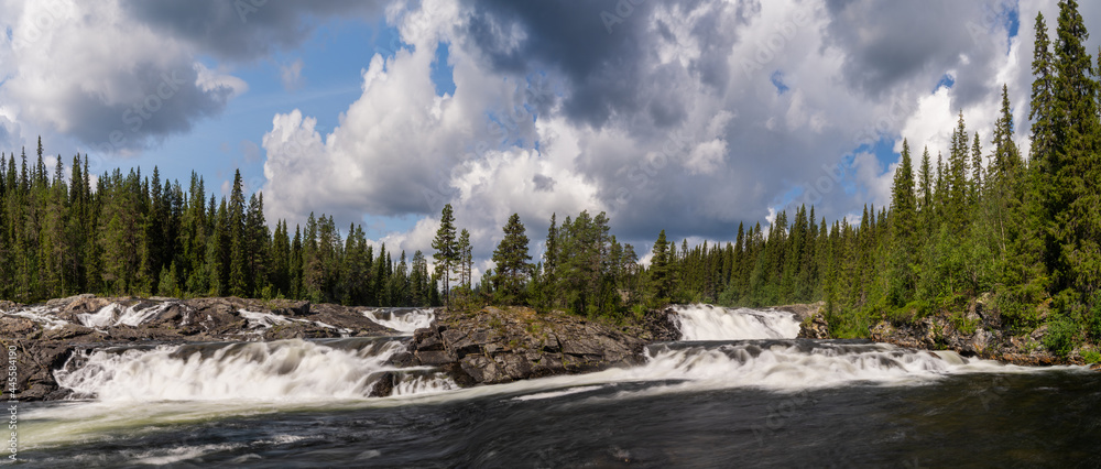 panorama view of the Dimforsen waterfall in northern Sweden