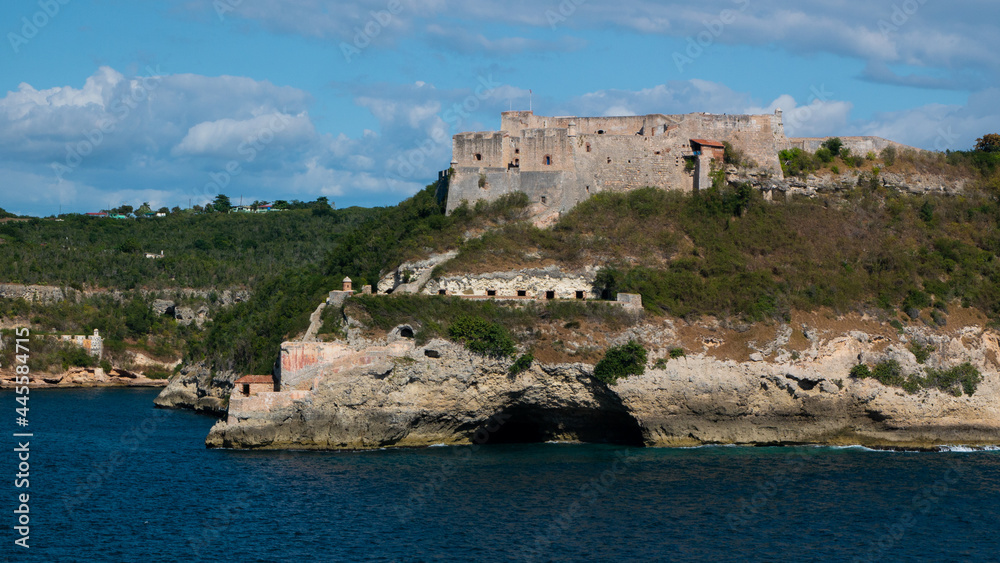 View of the Castillo del Morro castle from the sea side in the Santiago de Cuba