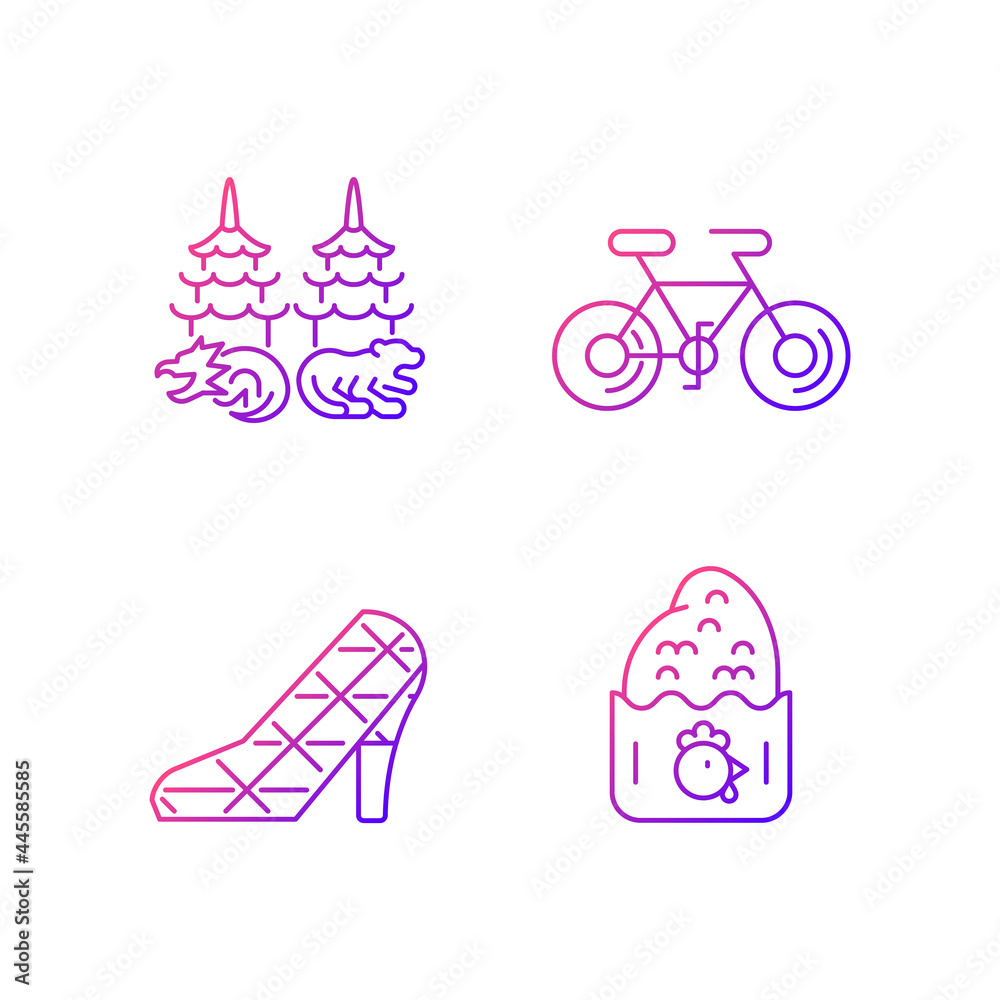 Asian gradient linear vector icons set. Taiwanese recreational customs. Dragon tiger pagodas. Chicken cutlet. Cycling. Light mode customizable thin line symbols. Isolated vector outline illustrations. Asian gradient linear vector icons set. Taiwanese recreational customs. Dragon tiger pagodas. Chicken cutlet. Cycling. Light mode customizable thin line symbols. Isolated vector outline illustrations.