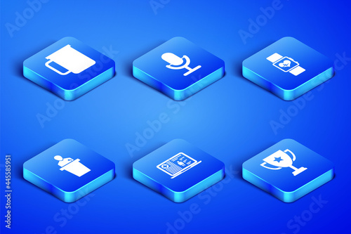 Set Trophy cup, Coffee, Medical clinical record, Speaker, Microphone and Smart watch heart beat rate icon. Vector