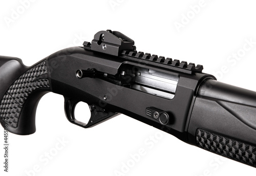 Modern semi-automatic shotgun. Weapons for sports and hunting. Black weapon isolate on white back.