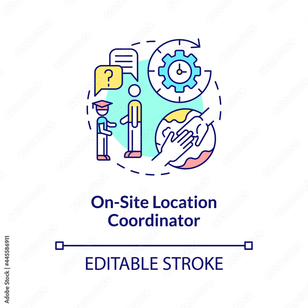 On-site location coordinator concept icon. Internship program abstract idea thin line illustration. Local staff member hosting students interns. Vector isolated outline color drawing. Editable stroke On-site location coordinator concept icon. Internship program abstract idea thin line illustration. Local staff member hosting students interns. Vector isolated outline color drawing. Editable stroke