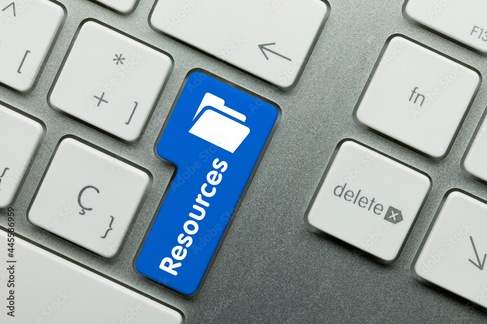 Resources - Inscription on Blue Keyboard Key. Resources - Inscription on Blue Keyboard Key.