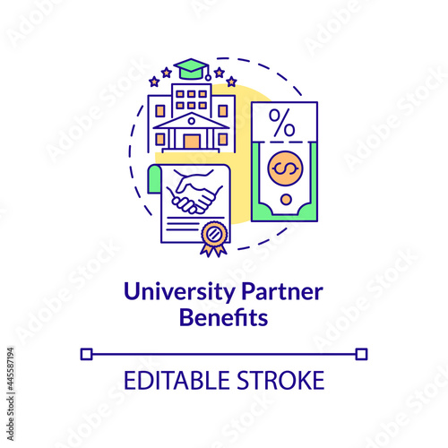University partner benefits concept icon. Internship programs financing option abstract idea thin line illustration. Partnering with college. Vector isolated outline color drawing. Editable stroke