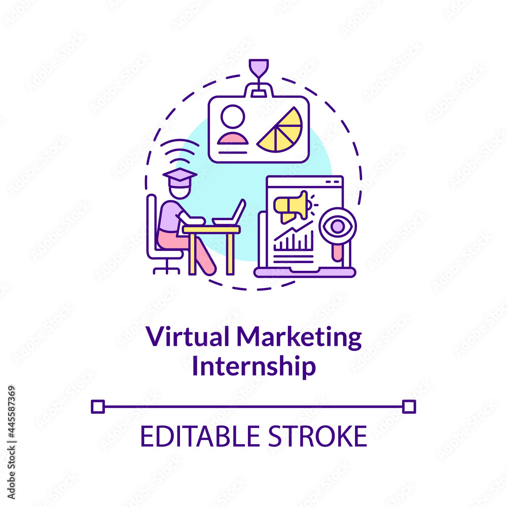 Virtual marketing internship concept icon. Remote internship area abstract idea thin line illustration. Improving knowledge in social media, SEO. Vector isolated outline color drawing. Editable stroke Virtual marketing internship concept icon. Remote internship area abstract idea thin line illustration. Improving knowledge in social media, SEO. Vector isolated outline color drawing. Editable stroke