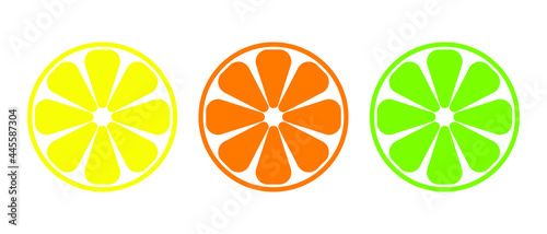 Citrus slice set. Lemon slice, orange slice, lime slice. Vector illustration isolated on white background.