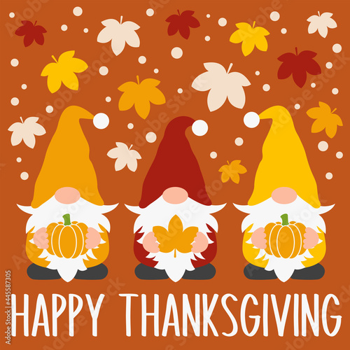 Happy Thanksgiving Gnomes vector design, Three Fall gnomes cut files, Thanksgiving greeting card, Autumn gnomes illustration, Cute gnomes holding pumpkin and fall leaves photo