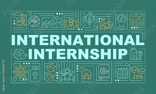 International internship word concepts banner. Interning overseas. Infographics with linear icons on green background. Isolated creative typography. Vector outline color illustration with text