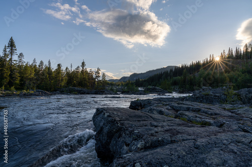 idyllic river and pine forest landscpe with a setting sun and sun star