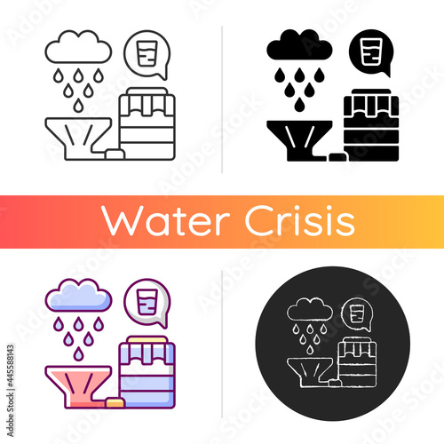 Recycling rainwater icon. Collecting rainfall from roof and storing in tanks. Natural resource conservation. Harvesting rain water. Linear black and RGB color styles. Isolated vector illustrations