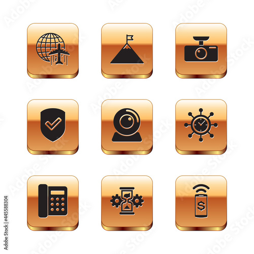 Set Globe with flying plane, Telephone, Hourglass and gear, Web camera, Shield check mark and Car DVR icon. Vector