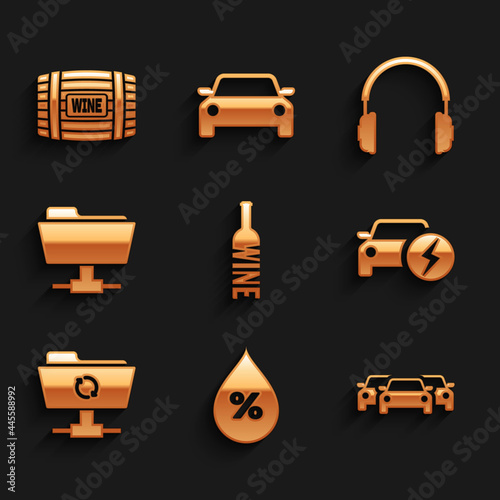 Set Bottle of wine, Water drop percentage, Cars, Electric car, FTP sync refresh and folder icon. Vector