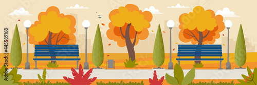 Autumn landscape with benches, street lights in the park and yellowed trees. Fall season concept. Vector illustration in flat style, background template
