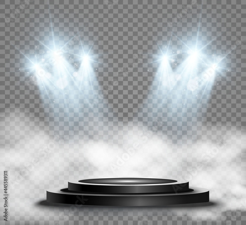 Round podium, pedestal or platform, illuminated by spotlights in the background. Vector illustrations. Podium with smoke. Bright light. Smoke.