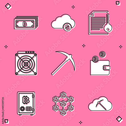 Set Cryptocurrency bitcoin, cloud mining, Smart contract, ASIC Miner, Pickaxe and wallet icon. Vector