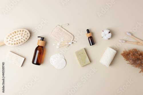 Zero waste, sustainable and eco-friendly lifestyle. Bathroom natural products from reusable materials on pastel beige background. Flat lay, copy space