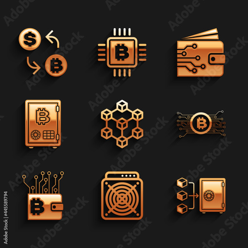 Set Blockchain technology, ASIC Miner, Proof of stake, Cryptocurrency bitcoin circuit, wallet and icon. Vector