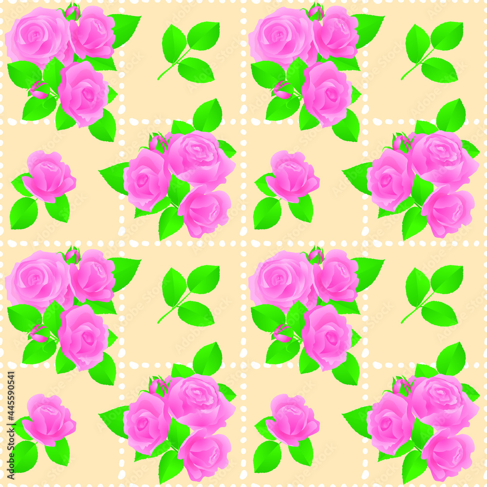 Pink rose flowers with buds and leaves on a light beige background with white dots. Print, floral seamless pattern for textile, paper, wallpaper. Vector illustration