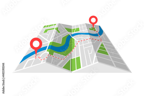 City street cartography folded paper map plan with GPS location place pins and navigation route between point markers. Finding way path direction concept perspective view isometric vector illustration