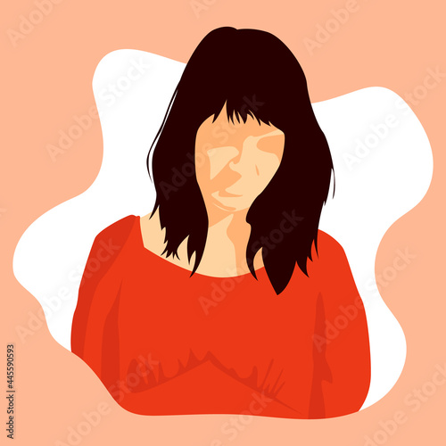 Vector illustration. Portrait of a girl with long dark hair in an orange blouse, made in a flat style. It can be used for printing on T-shirts, advertising posters.