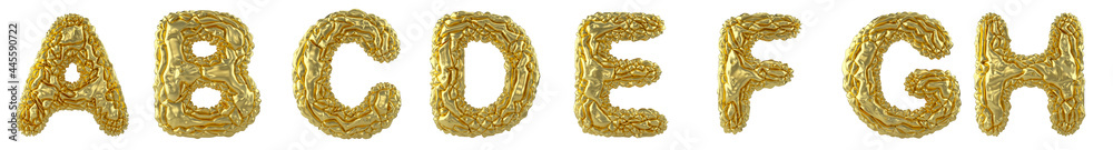 Realistic 3D letters set A, B, C, D, E, F, G, H made of crumpled foil. Collection symbols of crumpled gold foil isolated on white background. - obrazy, fototapety, plakaty 