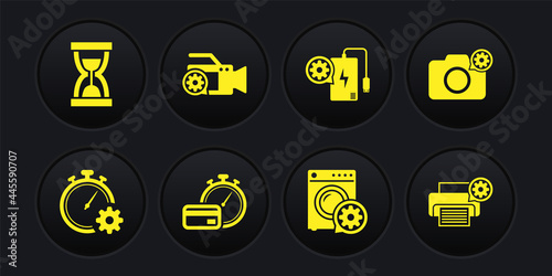 Set Time management setting, Photo camera, Fast payments, Washer, Power bank and Video icon. Vector
