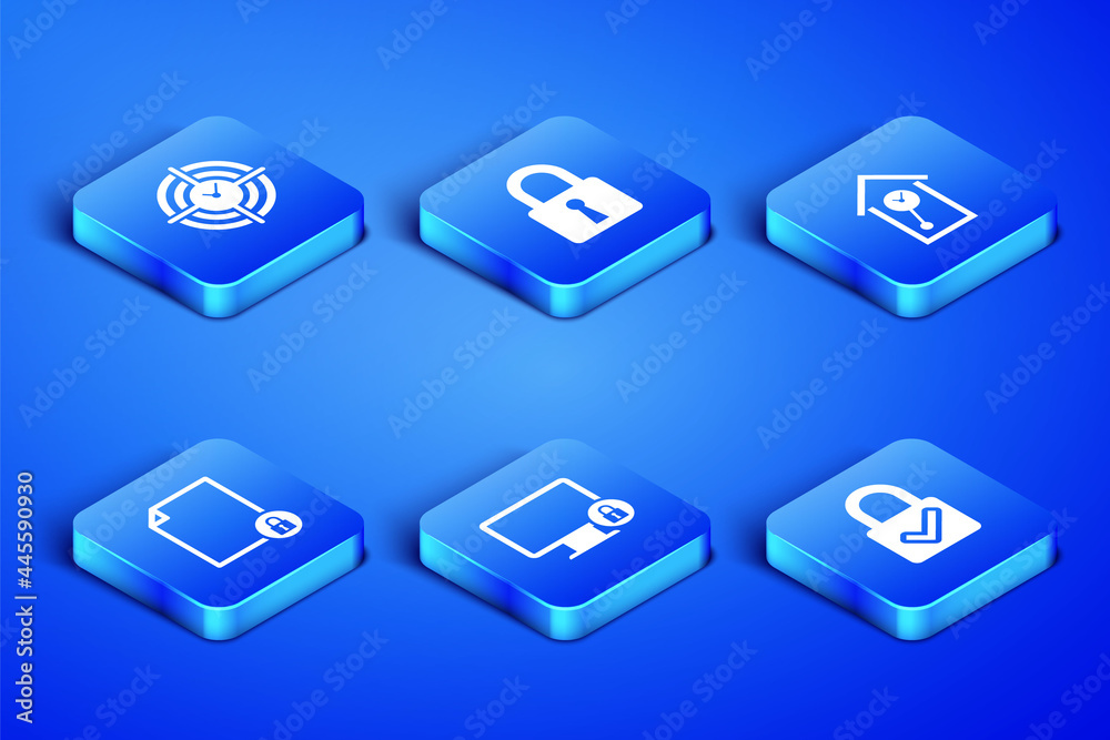 Set Lock and check mark, Time Management, on monitor, Document lock, and Retro wall watch icon. Vector Set Lock and check mark, Time Management, on monitor, Document lock, and Retro wall watch icon. Vector
