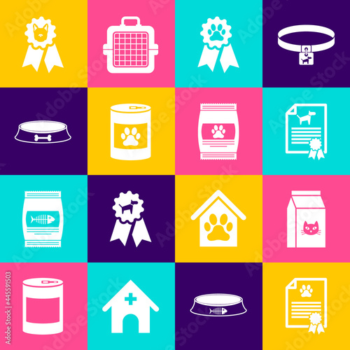 Set Certificate for dog or cat, Bag of food, , Pet award symbol, Canned and bowl icon. Vector