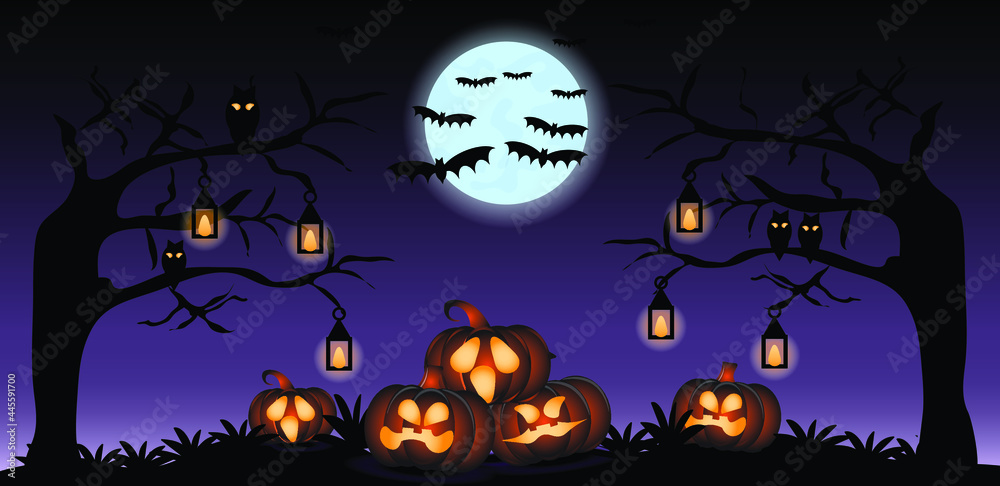 Halloween violet background , pumpkins and spiders, illustration on a violet background.