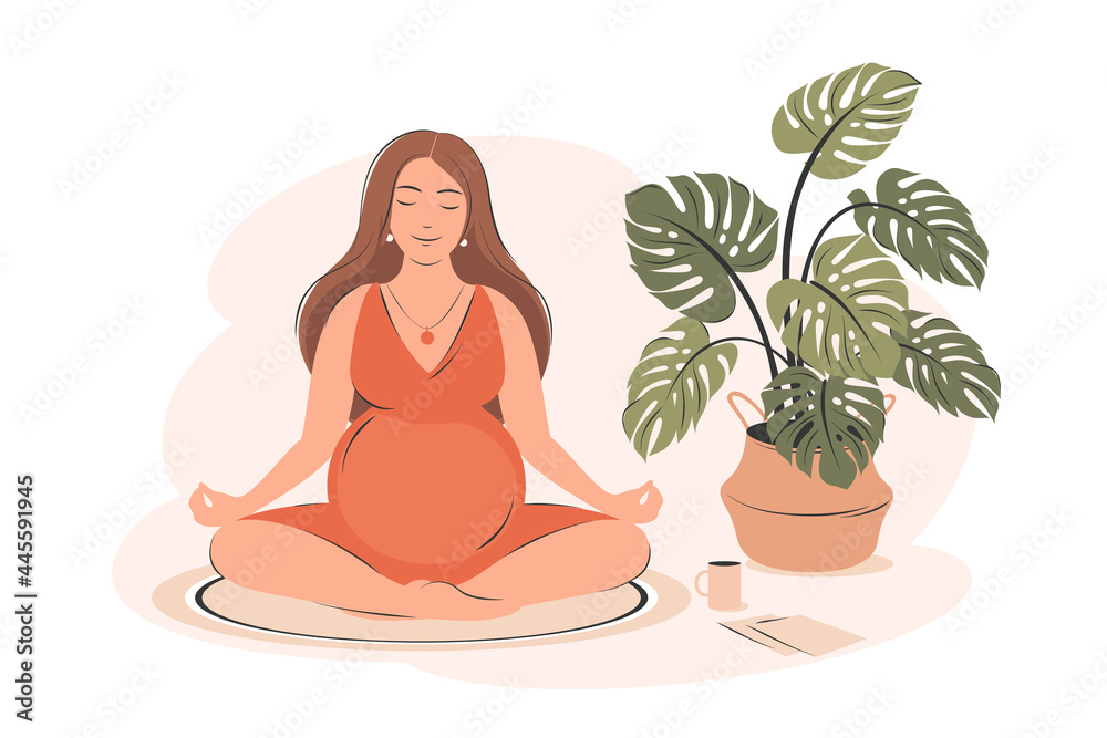 Pregnant woman meditates in her room or apartment. Concept yoga, meditation, relax, health, pregnancy, motherhood. Flat vector illustration.