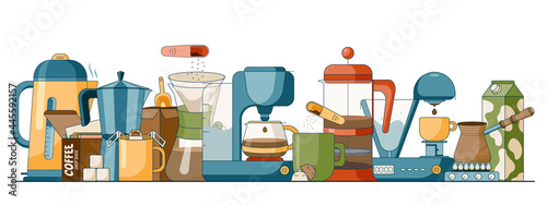 Cartoon set of different brewing methods of coffee, jugs, mugs and kettles, electrical coffee machine and made by gas. Vector illustration in a flat style. Vector illustration