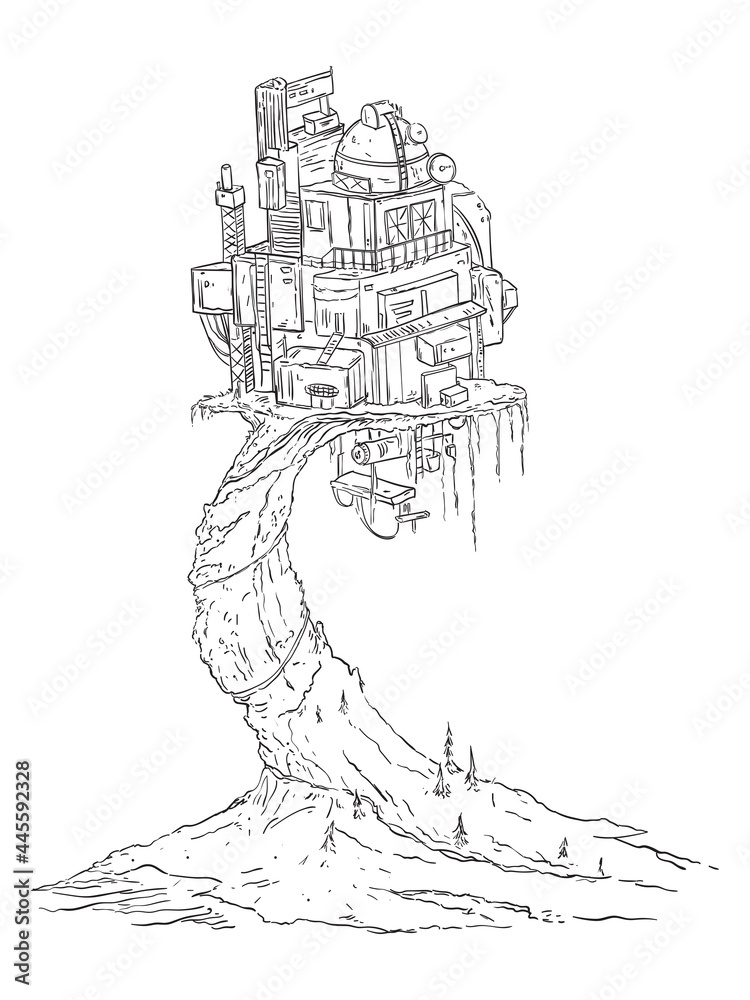 Obraz premium Outpost standing on high mountain. Vector illustration 