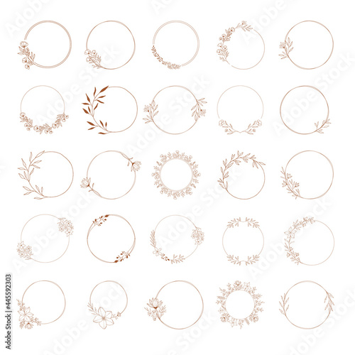 Set of circle floral frames for wedding design. Hand drawn vintage style. Vector isolated illustration.